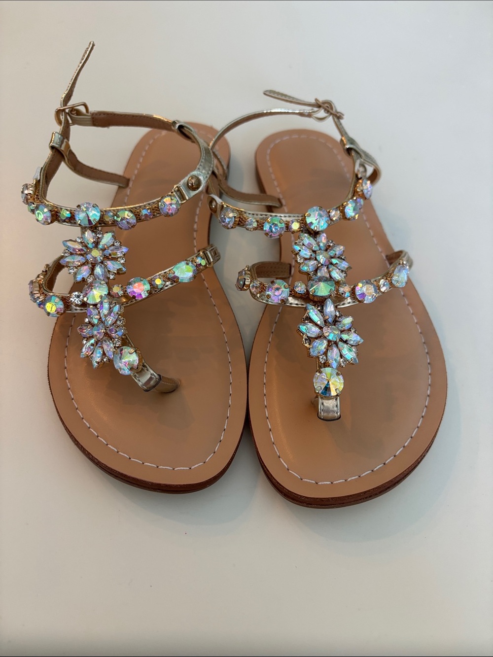 Embellished Crystal T-Strap Sandals — Gold 7.5